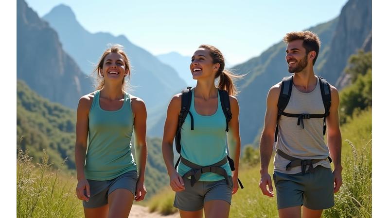 Grupo de personas de 35-45 años haciendo senderismo en la Sierra de Guadarrama cerca de Madrid, sonriendo y disfrutando de la naturaleza.