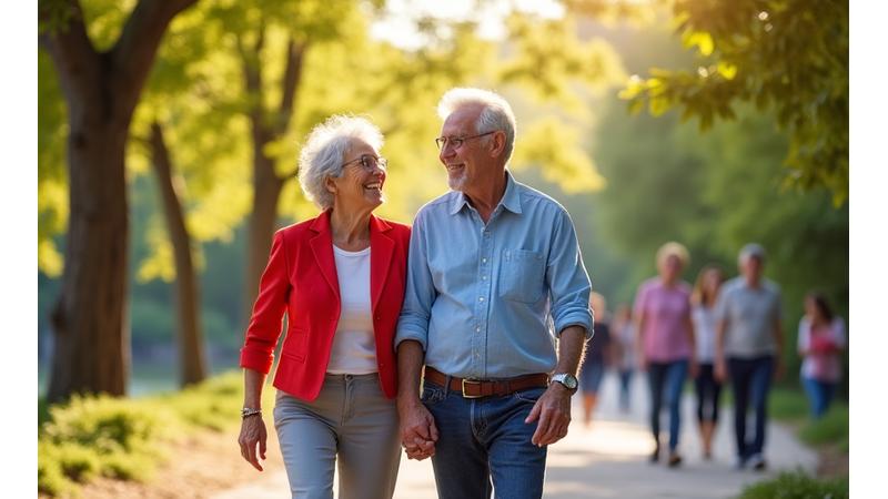 Hombre y mujer mayores de 55 años riendo mientras pasean por el Parque del Retiro en Madrid, disfrutando de un día soleado.