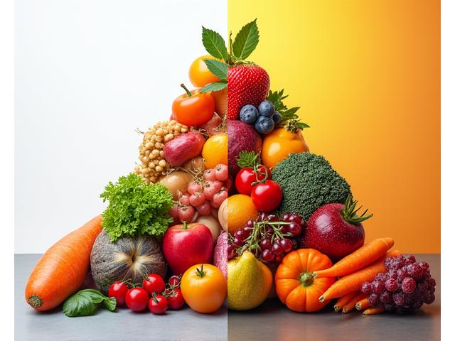 Comparación visual de nutrición funcional vs tradicional con alimentos coloridos y microscopio.